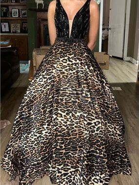 Sherri Hill Black Sequin & Leopard Print Prom Gown